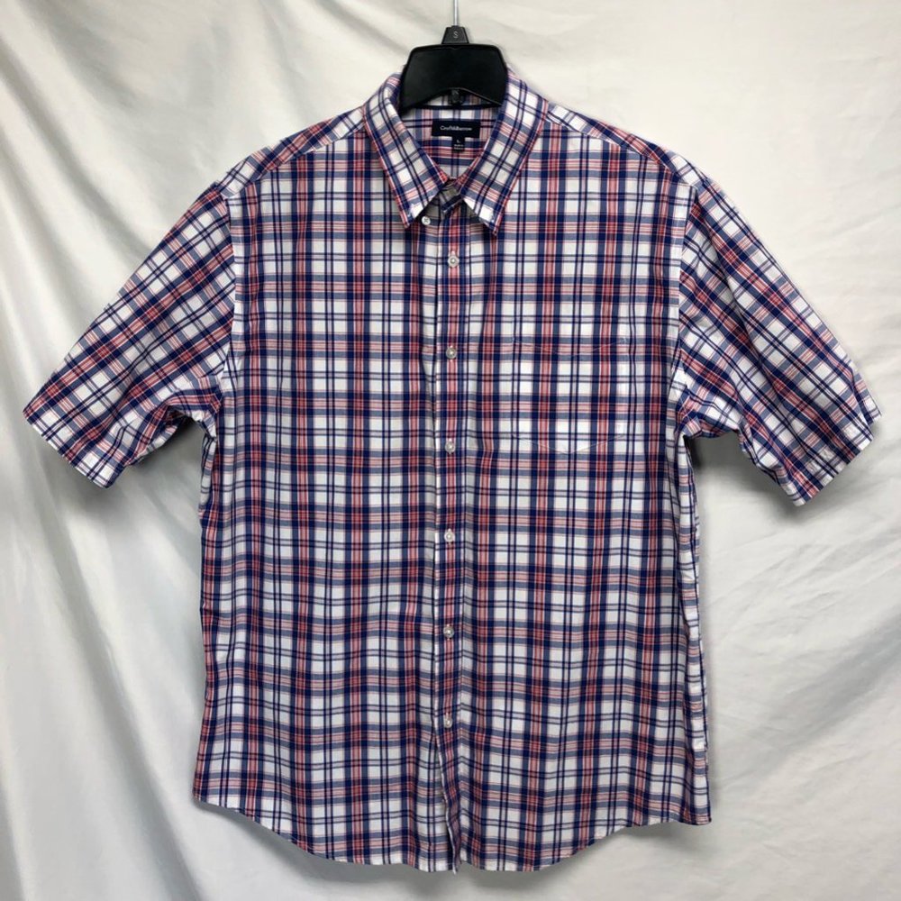 Croft & Barrow Mens Button Down Shirt White Blue Plaid Short Sleeve Collar L